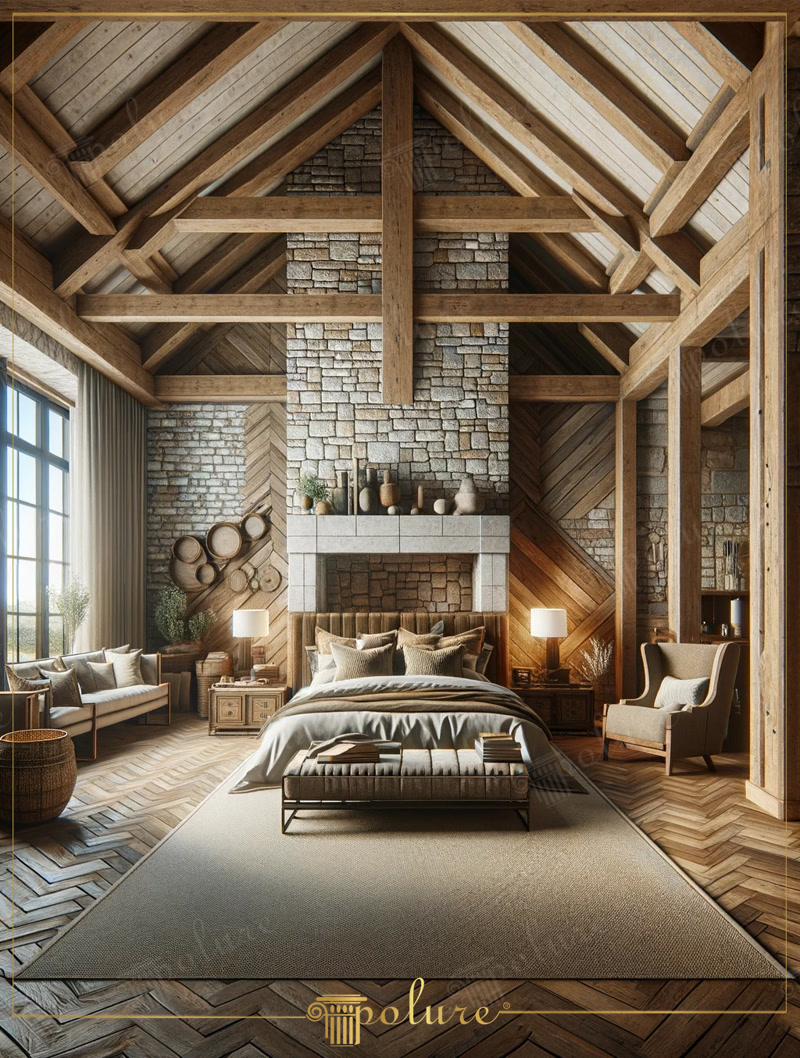 Grinzi Poliuretanice Decorative pentru Dormitor Rustic Grinzile decorative din poliuretan reprezintă o soluție arhitecturală ușoară și durabilă pentru a recrea atmosfera caldă a unei cabane montane în propriul dormitor. În fiecare dimineață, lumina naturală care pătrunde prin ferestrele înalte scoate în evidență textura fină a lemnului de pe tavan, creând un sanctuar personal dedicat odihnei și relaxării. Densitatea ridicată a materialului, de aproximativ 150-220 kg/m³ (țintă ~160 kg/m³), oferă o structură vizuală solidă, fără a încărca rezistența de bază a acoperișului. Proprietarii acestei case au ales să îmbine piatra naturală a șemineului cu grinzile din poliuretan din seria P1981 pentru a obține un echilibru perfect între rustic și confort modern.
Amenajarea unui spațiu de dormit la mansardă sau cu tavan înălțat necesită materiale care rezistă excelent la schimbările de temperatură și umiditate. Grinzile din poliuretan P1981A, P1981B și P1981C rezistă la variații termice între -100 °C / +80 °C, garantând că structura decorativă își păstrează forma impecabilă de-a lungul anilor. În serile răcoroase, iluminatul cald transmis de veiozele de pe noptiere reflectă umbre suave pe suprafața grinzilor poliuretanice, creând o ambianță intimă și liniștitoare. Acest cadru natural este completat de un pat generos și textile moi în nuanțe pământii, ideale pentru deconectarea de la ritmul alert al orașului.
Montajul grinzilor poliuretanice în dormitor se realizează rapid și curat, utilizând adezivi structurali speciali pe bază de poliuretan, fără a fi necesare lucrări complexe de dulgherie. Datorită unei rate de absorbție a apei de sub 1%, aceste elemente decorative nu se deformează și nu dezvoltă mucegai, fiind o alegere igienică pentru spațiul de odihnă al familiei. Seria P1981, care include variante de la P1981D la P1981L, permite combinarea grinzilor principale cu căpriori secundari și stâlpi verticali pentru a acoperi întreaga geometrie a tavanului. Întreținerea zilnică se reduce la o simplă ștergere de praf cu o lavetă din microfibră.
Combinația dintre parchetul din lemn masiv montat în stil brăduț, pereții placați cu piatră și grinzile decorative din poliuretan transformă dormitorul dintr-o simplă cameră într-un refugiu călduros. Fiecare detaliu din lemn artificial din seria P1981 imită cu fidelitate fibrele și nodurile lemnului cioplit manual, aducând farmecul tradițional mai aproape de viața de zi cu zi. Această abordare de design interior demonstrează cum un spațiu amplu poate deveni incredibil de primitor prin textura materialelor și atenția la detalii.