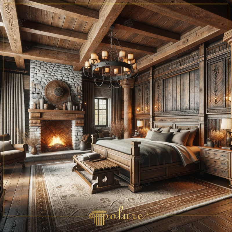 Grinzi din Poliuretan pentru un Dormitor Rustic și Călduros Grinzile decorative din poliuretan sunt elemente arhitecturale ușoare destinate reproducerii fidele a structurilor din lemn natural în amenajările interioare. În dormitorul nostru de familie, ne-am dorit un spațiu de odihnă care să ofere senzația unei cabane montane primitoare, unde fiecare seară devine un moment de relaxare absolută. Alegerea profilelor poliuretanice din gama P1981A până la P1981L pentru plafon a permis crearea unei rețele de grinzi cu aspect rustic autentic, fără a fi nevoie de întărirea structurii de rezistență a casei. Densitatea ridicată a materialului, cuprinsă între 150 și 150-220 kg/m³ (țintă ~160 kg/m³), garantează o rezistență excelentă în timp și o stabilitate dimensională impecabilă.

Seara, când focul din șemineul de piatră luminează camera, textura detaliată a fiecărui buștean artificial din poliuretan prinde viață. Nuanțele calde de maro și fibrele fin sculptate pe suprafața profilelor P1981 adaugă o adâncime vizuală deosebită tavanului. Spre deosebire de grinzi din lemn masiv, care pot suferi deformări din cauza umidității, poliuretanul prezintă o rată de absorbție a apei de sub 1%, menținându-și forma intactă indiferent de anotimp. Acest lucru asigură un mediu sănătos și curat în dormitor, fără riscul apariției fisurilor sau a dăunătorilor specifici lemnului.

Paturile spațioase din lemn și pereții placați cu panouri ornamentale completează atmosfera nostalgică, transformând dormitorul într-un refugiu personal ferit de agitația zilnică. Profilele poliuretanice utilizate pe tavan oferă un confort termic sporit și rezistă la fluctuații de temperatură cuprinse între -100 °C / +80 °C, fiind ideale chiar și pentru spații mansardate sau încăperi cu tavane înalte. Candelabrul din fier forjat suspendat pe grinda centrală aduce un plus de caracter, împrăștiind o lumină difuză ce pune în valoare detaliile lucrate cu grijă ale decorului interior.

Adoptarea decorului rustic prin intermediul solutiilor moderne din poliuretan reprezintă alegerea perfectă pentru orice familie care apreciază eleganța tradițională îmbinată cu funcționalitatea contemporană. Fie că este vorba despre seria P1981A sau P1981L, montajul facil cu adeziv special simplifică radical procesul de renovare. Rezultatul final este un dormitor călduros, sigur și estetic, în care membrii familiei se pot bucura de momente memorabile și de un somn odihnitor zi de zi.