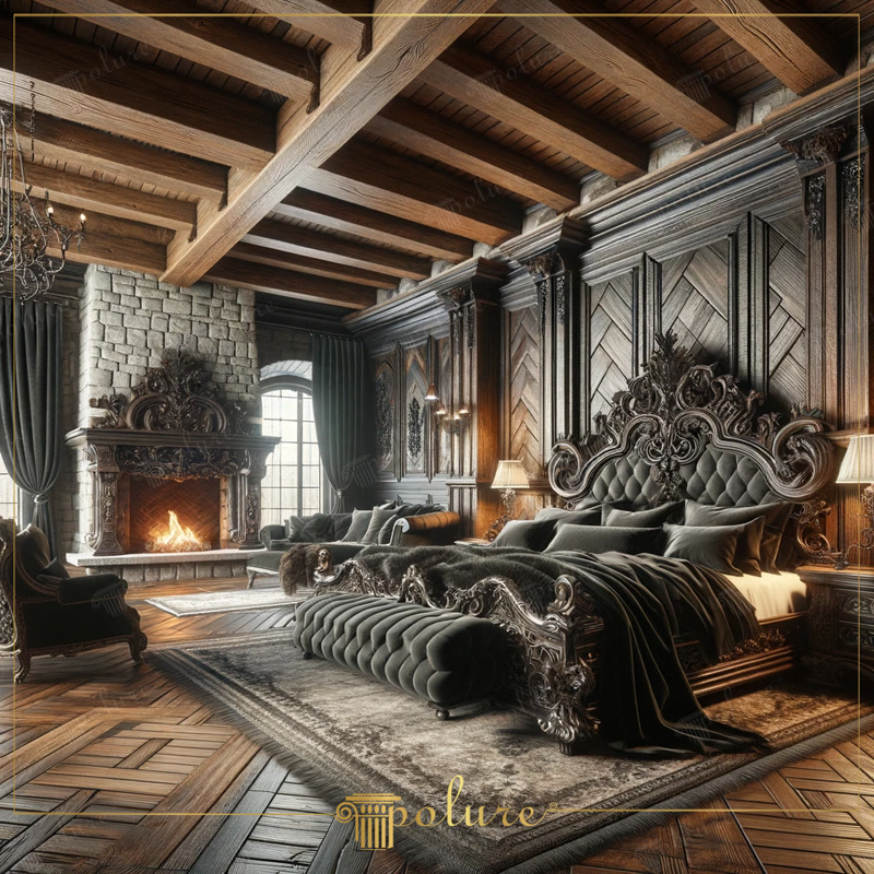 Grinzi din Poliuretan pentru Dormitor Rustic cu Șemineu Grinzile din poliuretan cu aspect de lemn reprezintă o soluție decorativă rezistentă și ușoară pentru finisarea plafoanelor în dormitoare spațioase. În această amenajare rustică de lux, dormitorul matrimonial devine un refugiu primitor unde căldura focului din șemineu se îmbină armonios cu detaliile sculptate ale peretelui. Plafonul înalt este pus în valoare de o rețea dinamică de grinzi aparente ce imită perfect textura buștenilor naturali, oferind camerei un aer intim și primitor pentru serile relaxante în familie.
Utilizarea elementelor din poliuretan la nivelul tavanului permite obținerea unei estetici tradiționale de cabină montană fără a îngreuna structura de rezistență a clădirii. Modelele din gama P1981A până la P1981L au o densitate ridicată de 150-220 kg/m³ (țintă ~160 kg/m³), garantând o stabilitate dimensională excelentă în timp. Deoarece materialul prezintă o rată de absorbție a apei sub 1%, grinzile își păstrează forma originală fără să se deformeze sau să crape, spre deosebire de grinzi din lemn masiv netratat.
Atmosfera caldă a dormitorului este completată de iluminatul ambiental bine plasat și de paleta cromatică bazată pe tonuri profunde de antrasit, maro închis și accente de piatră naturală. Mobilierul sculptat și tapițeria din catifea adaugă o notă suplimentară de confort, transformând fiecare moment petrecut în acest spațiu într-o experiență relaxantă. Montajul grinzilor din poliuretan se realizează rapid prin lipire cu adeziv structural poliuretanic, eliminând necesitatea unor ancoraje metalice complexe în tavan.
Rezistența la variații de temperatură între -100 °C / +80 °C face ca aceste grinzi decorative din poliuretan să fie potrivite chiar și în apropierea surselor de căldură indirectă din cameră. Proprietarii se pot bucura astfel de un tavan spectaculos cu aspect de lemn ars sau învechit, fără bătăi de cap legate de întreținerea periodică sau de dăunătorii lemnului. Rezultatul este un dormitor elegant, funcțional și deosebit de confortabil pentru viața de zi cu zi.