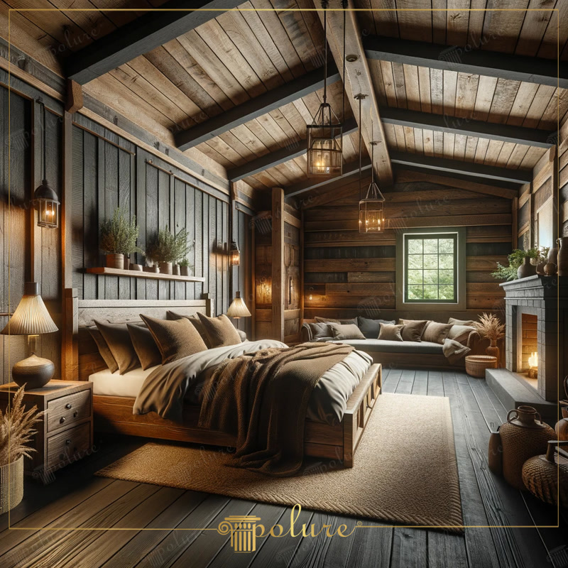 Grinzi din Poliuretan pentru Dormitor Rustic la Cabană Grinzile decorative din poliuretan reprezintă o soluție tehnologică modernă pentru reproducerea fidelă a lemnului masiv în amenajările interioare cu profil rustic. În acest dormitor de inspirație montană, plafonul înalt cu înclinație accentuată a fost structurat vizual folosind elemente poliuretanice din seria P1981 (de la P1981A până la P1981L). Materialul are o densitate ridicată, cuprinsă între 150 și 150-220 kg/m³ (țintă ~160 kg/m³), oferind o rezistență excelentă la impact și o durabilitate crescută în timp. Spre deosebire de grinzile tradiționale din lemn care pot îngreuna structura acoperișului, aceste profile cântăresc semnificativ mai puțin, fiind extrem de ușor de montat pe plafoane din gips-carton sau lambriu.
Atmosfera din această încăpere reflectă stilul autentic al unei cabane de munte, unde fiecare seară devine un moment de relaxare completă. Lumina caldă a lămpilor suspendate și pâlpâirea focului din șemineu pun în valoare textura profundă a grinzilor poliuretanice de pe tavan. Fiind un spațiu destinat odihnei, menținerea unui mediu sănătos este esențială; poliuretanul are o rată de absorbție a apei de sub 1%, ceea ce împiedică formarea mucegaiului și acumularea umidității. Rezistența termică a materialului, testată pe un interval larg între -100 °C / +80 °C, garantează că structura decorativă își păstrează forma și culoarea intacte, fără a crăpa sau a se curba în timp.
Combinația dintre pereții placați în nuanțe închise de antrasit și lemnul natur al tavanului creează un contrast vizual echilibrat și primitor. Grinzile din poliuretan aplicate de-a lungul pantelor tavanului adaugă profunzime spațiului, ghidând privirea către fereastra mică ce oferă o priveliște liniștitoare spre natură. Paturile confortabile cu textile din in și lână se potrivesc perfect cu asperitățile naturale reproduse pe suprafața profilului. Finisajul realist este obținut prin matrițare de înaltă precizie, iar suprafața poate fi șlefuită ușor cu hârtie abrazivă fină pentru retușuri sau personalizată prin vopsire cu vopsele pe bază de apă în 2 straturi succesive.
Alegerea grinzilor din poliuretan pentru amenajarea dormitorului aduce avantajul unei întrețineri facile pe termen lung, fără a necesita tratamente periodice împotriva cariilor de lemn sau lăcuiri toxice. Proprietarii beneficiază de aspectul nobil al lemnului vechi, bucurându-se de un microclimat curat și de un confort acustic superior. Fiecare detaliu al camerei, de la textura grinzilor până la lumina difuză, contribuie la crearea unui sanctuar privat primitor. Această abordare demonstrează cum elementele arhitecturale din poliuretan pot transforma un dormitor obișnuit într-un spațiu cald, plin de caracter și farmec rustic.