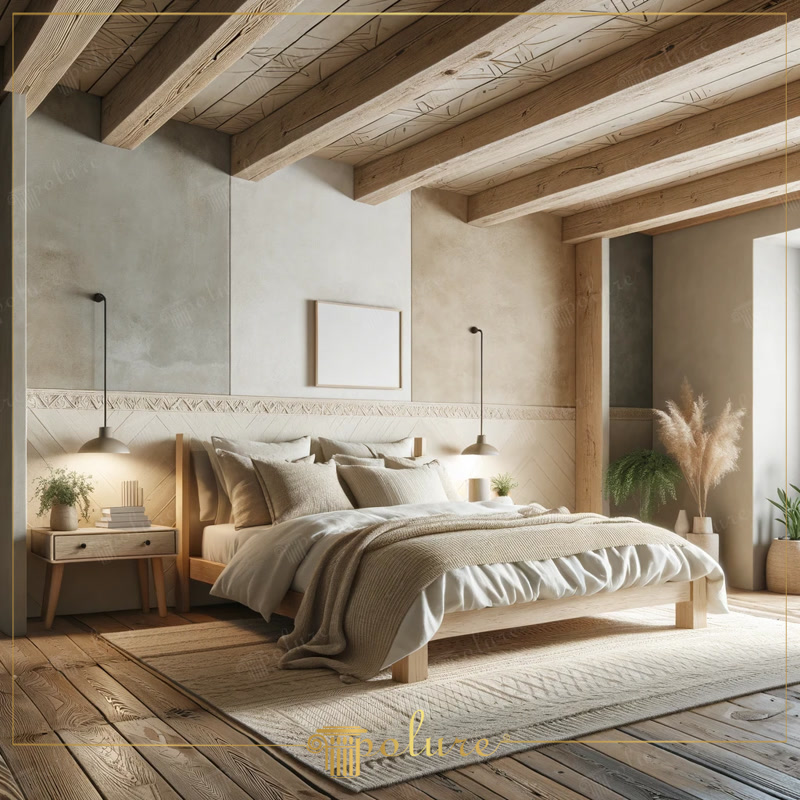 Dormitor rustic luminos cu grinzi din poliuretan pe tavan, pat din lemn și noptiere decorate în tonuri calde de bej.