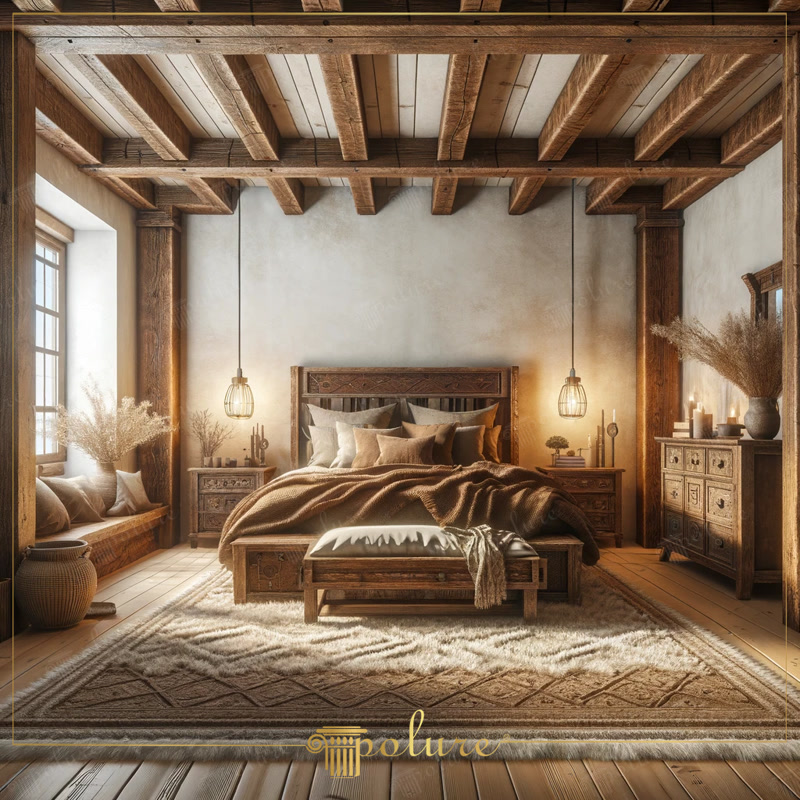 Grinzi Poliuretan Decorative Pentru Dormitor Rustic Amenajarea unui dormitor rustic cu grinzi din poliuretan reprezintă soluția ideală pentru a crea o atmosferă caldă de cabană montană în propria locuință. În acest spațiu dedicat odihnei, fiecare seară devine un moment de relaxare profundă, unde texturile naturale și lumina caldă îmbracă încăperea într-o stare de tihnă. Zidurile cu finisaj texturat în nuanțe cremoase de bej, alături de podeaua din lemn natural, stabilesc un fundal neutru și primitor pentru întreaga familie.
Tavanul decorat cu profile din poliuretan cu densitate ridicată de 150-220 kg/m³ (țintă ~160 kg/m³) imită fidel aspectul fibrei de lemn natural, fără a îngreuna structura de rezistență a clădirii. Această structură decorativă utilizează elemente din seria P1981, disponibile în 12 variante de dimensiuni și texturi, oferind un aspect autentic de buștean lucrat manual. Materialul oferă o rezistență excelentă la umiditate de 100% și toleranță termică între -100 °C / +80 °C, fiind imposibil de distorsionat în timp spre deosebire de lemnul tradițional.
Iluminatul ambiental suspendat completează structura tavanului și direcționează privirea către patul central din lemn masiv, creând un punct focal echilibrat. Mobilierul rustic și banca din lemn situată la picioarele patului adaugă funcționalitate zilnică, fiind locul perfect pentru lectură în serile răcoroase. Covoarele textile groase și pernele decorative sporesc confortul acustic, izolând fonic camera și menținând căldura la interior.
Montajul grinzilor din poliuretan se realizează rapid cu adeziv structural special, eliminând necesitatea unor lucrări complexe de dulgherie. Întreținerea suprafețelor este extrem de simplă, necesitând doar curățare periodică cu o lavetă umedă, fără tratamente chimice sau lacuri de protecție. Alegerea elementelor poliuretanice pentru tavan transformă un dormitor obișnuit într-o oază rustică durabilă, ușor de integrat în orice casă modernă.