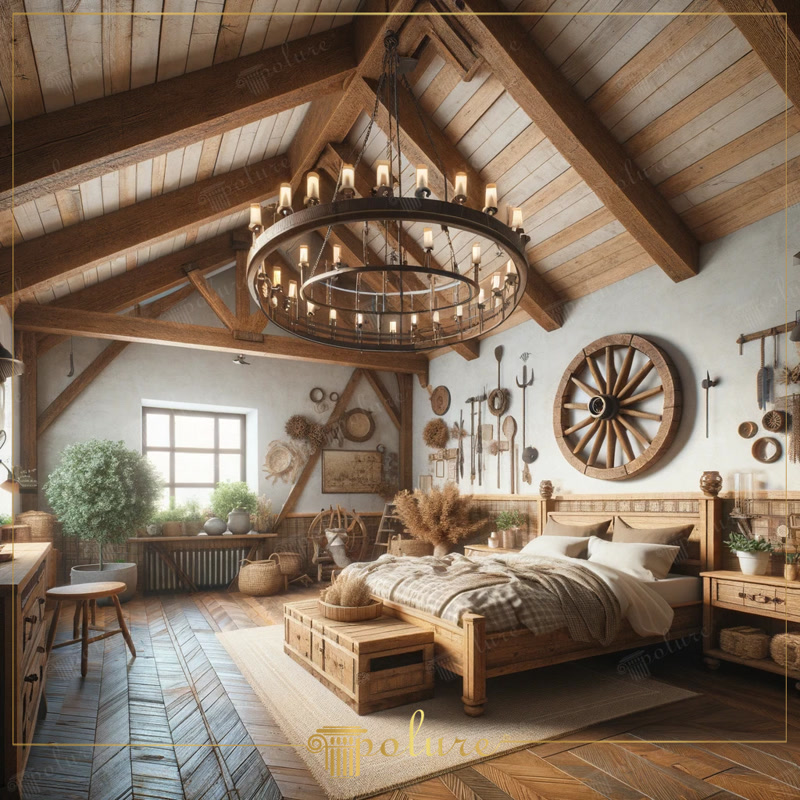 Modern Interpretation of Rustic Values, Magnificent Bedroom Design with Polyurethane Beams rustic decoration polyurethane beam rafter models modern interpretation natural textures traditional design aesthetic combination comfort authentic look wood texture fireplace patterned carpet works of art peaceful living space inviting atmosphere design