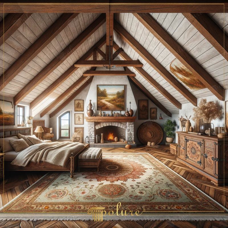 Modern Interpretation of Rustic Values, Magnificent Bedroom Design with Polyurethane Beams rustic decoration polyurethane beam rafter models modern interpretation natural textures traditional design aesthetic combination comfort authentic look wood texture fireplace patterned carpet works of art peaceful living space inviting atmosphere design