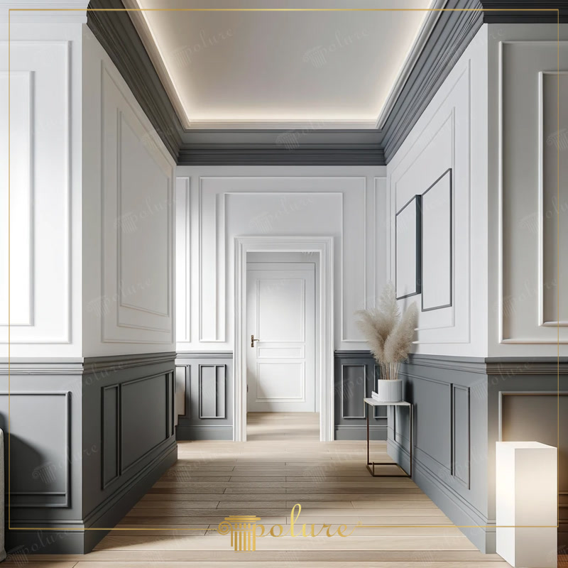 Corridor decoration modern elegance polyurethane slat polyurethane border polyurethane plasterboard polyurethane skirting board aesthetic innovation gray and white tones sophisticated frame fluid transition recessed LED lights modern aesthetic elegant spa