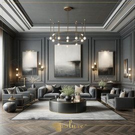 Geometric Elegance in Modern Elegance Living Room Equipped with Wall and Ceiling Moldings Combining the simplicity of modern decoration with the elegance of classical elements, this living room is a perfect example of a sophisticated living