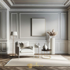 Modern Living Room Decor Equipped with Minimalist Elegance Wall and Ceiling Moldings Modern design is defined by simplicity and functionality, and the living room pictured is a perfect example of how this definition can be applied to i