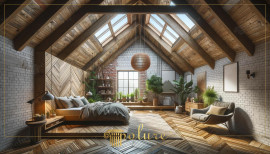 Loft Bedroom Decoration with Rustic Design Polyurethane Beams The bedroom in the image displays a striking combination of industrial style with a rustic decoration using polyurethane beam logs and rafters. High c