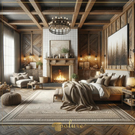 A Rustic Touch in the Heart of Your Home Bedroom Decoration with Fireplace Decorated with Polyurethane Beams The bedroom in the image offers a rustic decor with a fireplace decorated with polyurethane beams, logs and rafters. The design of the room combines t
