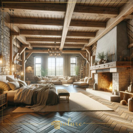 Modern Comfort in a Rustic Air, Meet the Elegance of Polyurethane Beams The bedroom in the image combines the rustic texture of polyurethane beam logs and rafters with the comfort of contemporary living spaces. In this roo