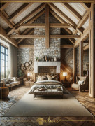 Magnificent Bedroom Decoration with Rustic Charm Polyurethane Beams The bedroom in the image skillfully combines the rustic aesthetics of polyurethane beam, log and rafter models with the comfort of modern design. This