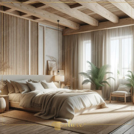 The Lightness of Wooden Beams for a Bright and Rustic Bedroom This bedroom offers a modern and bright interpretation of rustic design, using light-toned wooden beams and natural textures. Combining the practicali