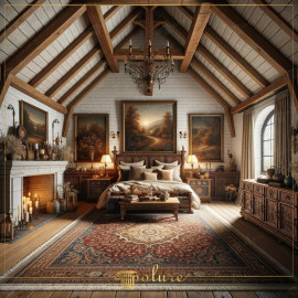 Modern Interpretation of the Classic Rustic House, Stylish Bedroom Enriched with Polyurethane Beams The rich and warm texture of rustic decoration offers timeless beauty and comfort when combined with modern applications of polyurethane beam logs and