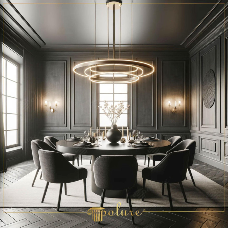 Dining Room Designs Decorated with Wall and Ceiling Moldings: An Aesthetic Meeting Point Dining rooms are the heart and gathering point of a home. This is a place where family and friends come together, chat and share special moments outside of the daily hustle. Dining room designs decorated with wall and ceiling moldings are the perfect way to add elegance and depth to these special moments. This is the dining room in the picture. It displays an elegant example of how decorative details can transform the space. Elegance Hidden in the Details of Design. Wall and ceiling slats can be blended with contemporary decoration elements while adding a classic touch to dining rooms. The dining room in the picture shows how dark-colored wall and ceiling slats can be in perfect harmony with golden modern lighting elements. The geometric slats of the slats Patterns create an eye-catching look by adding a sophisticated effect to the general aesthetics of the space. Color and Texture Unity In this dining room, dark gray tones, wooden textures and remarkable lighting combine in harmony with each other, creating a warm and inviting environment. Wall and ceiling slats emphasize the texture and color scheme of the space and dining It makes the room stand out as both a stylish and intimate meeting space. The Importance of Lighting. Lighting is an indispensable element of every dining room, and a modern chandelier in the center of the room, like the one in this picture, can become a focal point that brings the entire decoration together. The golden light ring strengthens the focus of the slats. casts a warm light on your meal and conversation Conclusion Get Creative with Wall and Ceiling Moldings Wall and ceiling moldings not only add character to your dining room, but also allow you to reflect your creativity and style. The dining room pictured is a vivid example of how these decorative elements can create an impressive and stylish space. When redesigning your own dining room, consider wall and ceiling moldings and create your own aesthetic meeting point