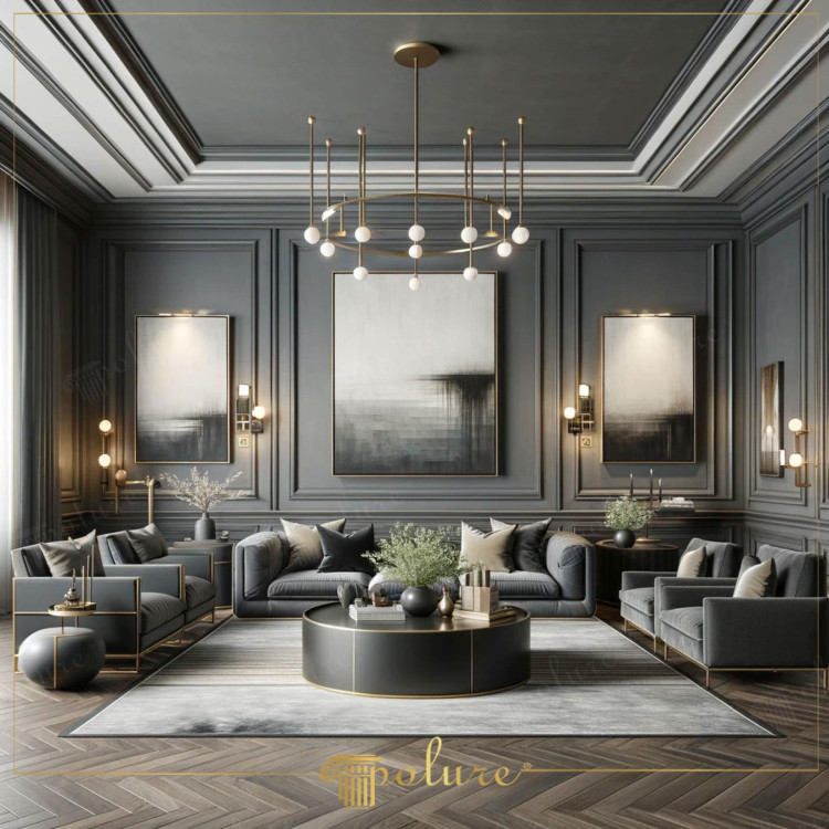 Geometric Elegance in Modern Elegance Living Room Equipped with Wall and Ceiling Moldings Combining the simplicity of modern decoration with the elegance of classical elements, this living room is a perfect example of a sophisticated living space. The space, dominated by gray tones, gains visual depth with wall and ceiling slats. In this living room we see in the picture, slats and remarkable lighting elements offer an aesthetic in line with the pace of modern life. and the Dynamic Effect of Ceiling Slats Wall and ceiling slats add rhythm and movement to the space. In the living room pictured, the smooth lines and geometric patterns of the slats are in perfect harmony with the modern furniture of the room. These slats emphasize the spaciousness of the space, creating a rich and luxurious atmosphere. The Importance of Color Scheme The gray tones of the living room provide warmth It expresses modernism and modernism at the same time. The dark color selection of the slats, when combined with the furniture, adds weight and nobility to the space. The use of these tones makes the space more inviting and comfortable. Artistic Use of Lighting. The modern chandelier in the center of the living room stands out as an artistic touch. The asymmetrically placed sconces on the walls are art. It adds a dynamic atmosphere to the space by further emphasizing the play on the works and slats. Result: A Living Room Enriched with Wall and Ceiling Slats. The living room in this picture is an example of how wall and ceiling slats can add richness and nobility to a modern space. While the slats strengthen the architecture of the space, they are also aesthetically pleasing with furniture and accessories. You can create a decoration that combines modern elegance and classical elegance by using these elements in your own living room.