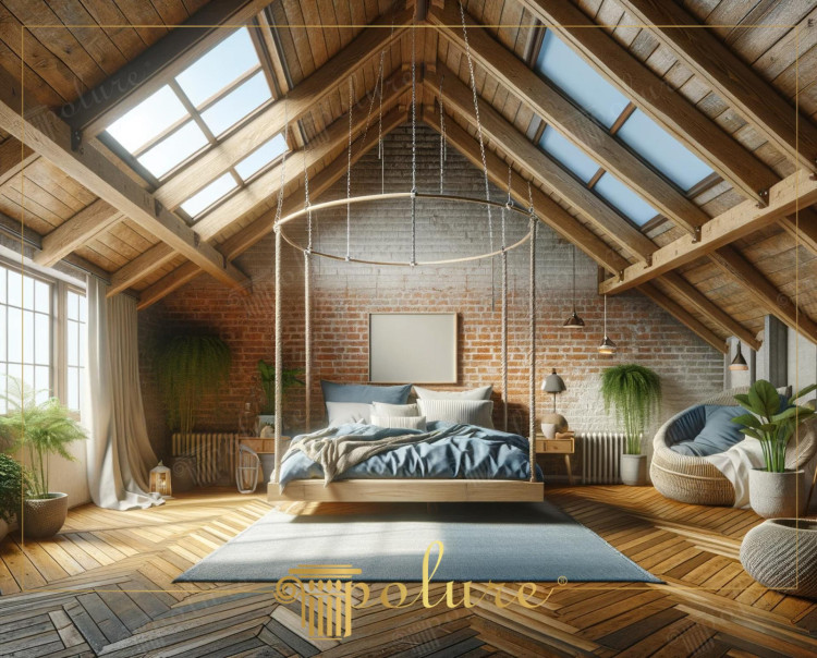 Dormitor City Loft îmbogățit cu grinzi de poliuretan rustic și contemporan Dormitorul din imagine combină textura contemporană a mansardei orașului cu căldura stilului rustic, cu un decor îmbogățit cu grinzi din poliuretan, bușteni și căpriori. Acest spațiu în plan deschis oferă un spațiu de locuit spațios, cu tavane înalte și ferestre mari cu multă lumină naturală Atingeri rustice în spațiile de locuit din mansardă Cărămidă expusă în designul acestui dormitor În timp ce pereții și grinzile din lemn expuse se combină cu elementele caracteristice vieții moderne de oraș, utilizarea grinzilor din poliuretan completează aceste elemente cu caracter practic și eleganță estetică. Grinzile din poliuretan, care imită textura lemnului real, adaugă căldură și caracter spațiului, oferind în același timp avantaje precum ușurința de întreținere și longevitate Puterea luminii naturale În designul dormitorului, ferestrele luminatoarelor Lumina naturală care curge umple spațiul cu o luminozitate naturală. Această lumină accentuează paleta de culori deschise și materialele naturale utilizate în întreaga cameră, contribuind la un spațiu spațios și aerisit iar mobilierul primitor face camera utila Naturalitatea si confortul spatiului este evidentiata cu plante verzi si elemente din tesut moale.
