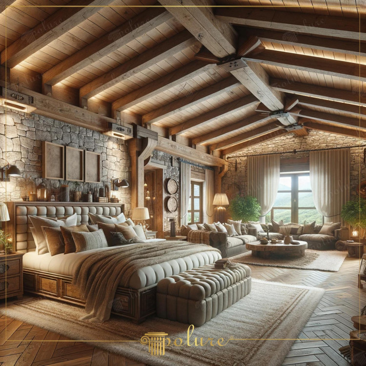 Rustic Luxury Alpine Style Chalet Bedroom with Polyurethane Beams The bedroom in the image combines the rustic alpine aesthetic provided by polyurethane beam logs and rafters with modern comfort. In this room, quality materials and rich textures create a warm and inviting shelter. The Meeting of Alpine Aesthetics and Modern Comfort The design of this chalet bedroom blends classic alpine rusticity with luxurious and modern elements. Polyurethane While the beams and rafters made of the material reflect the warm and natural texture and appearance of wood, it also brings with it the durability and low maintenance required by modern living spaces. The room creates a spacious and airy feeling by allowing plenty of natural light to enter thanks to the large windows and high ceilings. A Warm Environment with the Fireplace Creating The stone fireplace in the room serves as a center point that increases the warmth and intimacy of the room on cold evenings. Comfortable seating areas and soft-textured carpets around the fireplace further increase this warmth and add a rustic elegance to the space. Luxury and Comfort is in Every Corner. Luxurious furniture and accessories in the bedroom are rich It creates an aesthetic integrity while providing comfort. While wide and high beds, abundant pillows and soft-textured textiles increase the pleasure of time spent in the room, the general design of the room is decorated with natural materials.