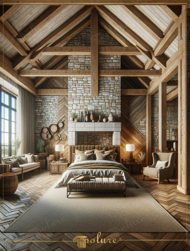Magnificent Bedroom Decoration with Rustic Charm Polyurethane Beams The bedroom in the image skillfully combines the rustic aesthetics of polyurethane beam, log and rafter models with the comfort of modern design. This place creates a friendly atmosphere by blending the warmth and elegance of natural materials with a contemporary lifestyle. Modern Reflection of Rustic Design. The design of the bedroom perfectly combines a natural rustic atmosphere with beams and rafters made of polyurethane material. While wood-look polyurethane materials reflect the texture and warmth of real wood, they also meet the practical needs of modern living spaces such as durability and low maintenance. The room's high ceilings and large windows emphasize the spaciousness and brightness of the space, allowing natural light to circulate freely. A Warm and Inviting Environment with a Fireplace The fireplace in the center of the bedroom constitutes the heart of the rustic decoration. While the stone veneer fireplace offers natural warmth and a focal point to the space, the soft texture furniture and decorative accessories around the room support this warmth and strengthen the inviting atmosphere of the room. Luxury and Comfort are in Every Corner. Furniture and accessory selections in the bedroom emphasize comfort and elegance. Comfortable bed, large and inviting seating areas and soft-textured carpets increase the pleasure of time spent in the room. While the general lighting design of the room emphasizes the warmth of rustic style, wall lamps and lamps on the side table provide more focused illumination.
