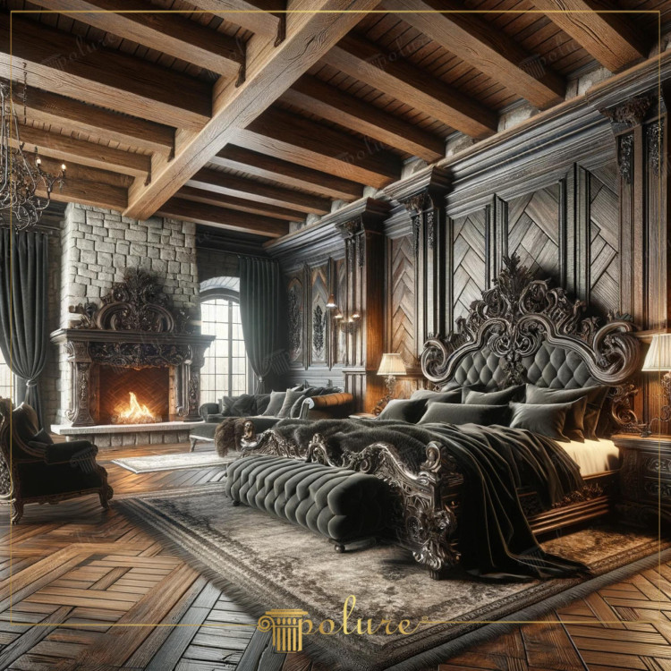 Timeless Magnificence Rustic Bedroom Decorated with Polyurethane Wooden Beams This bedroom displays the timeless splendor of the classic rustic style with the warmth of polyurethane wooden beams and the elegant touches of wooden decorative products. The magnificent bed in the center of the room attracts attention with its elegant carvings and ornate headboard. It appears as the symbol of luxury and comfort. The wooden panel details on the walls convey the richness of a historical mansion. While the flames of the fireplace increase the warmth of the room, heavy curtains and antique furniture complete the elegance of this noble rustic getaway. The perfect harmony of traditional textures and modern materials are the elements that make this design both aesthetic and practical.