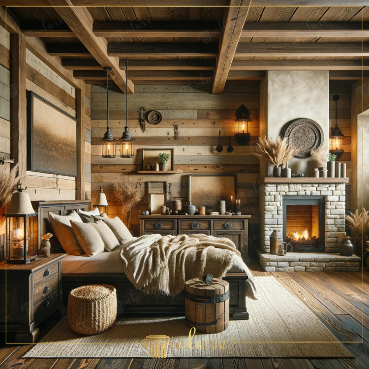 A Rustic Break in the Warmth of Natural Wood Bedroom with Polyurethane Beams This bedroom offers the perfect rural getaway with the rustic texture of polyurethane wood beams and the warmth of a natural stone fireplace. The room creates a sophisticated farmhouse aesthetic, while each decorative element showcases a rare combination of comfort and style. Wall-mounted lanterns and central chandelier combine the tranquility of the past with the practicality of modern living. The bedroom serves as a shelter for anyone who wants to take a step back from the pace of daily life and feel the peace of natural materials.