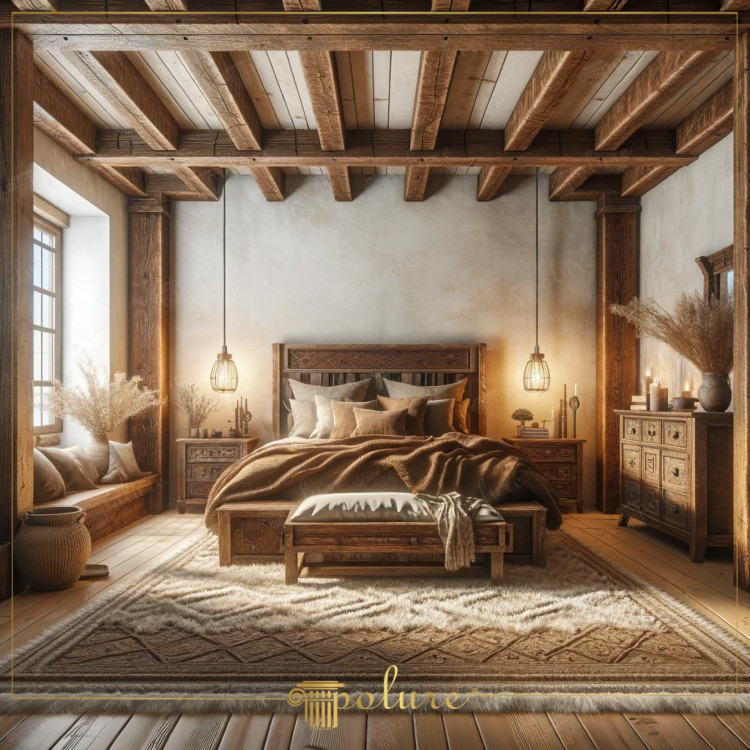 Rustic Bedroom Decoration Ideas Enriched with Polyurethane Wooden Beams The warm and inviting atmosphere of the bedroom in the picture combines the naturalness of rustic design with the ease of modern materials. Polyurethane wooden beams offer the texture and warmth of real wood, saving you from the weight and maintenance difficulties. The use of these beams gives the bedroom an aesthetic reminiscent of traditional farmhouses. Light-colored wooden parquet on the floor and plain on the walls. The design ensures that the space is filled with natural light. The furniture selection offers rustic touches with a modern approach, with elegant carvings and natural veins of wood. Soft carpets and bed linens create a feeling of comfort and luxury, while the sitting corner visible in the next room completes this escape point. Dried flowers, ceramic vases and pendant lighting used in the decoration are rustic and These elements are indispensable for a natural decoration. These elements create a calm and peaceful environment with the combination of natural materials and soft textures. The bedroom offers a perfect shelter to get away from the chaos of daily life and relax.