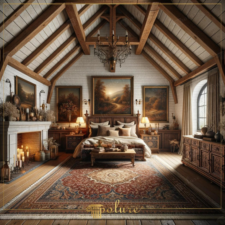 Modern Interpretation of the Classic Rustic House, Stylish Bedroom Enriched with Polyurethane Beams The rich and warm texture of rustic decoration offers timeless beauty and comfort when combined with modern applications of polyurethane beam logs and rafter models. The bedroom in the picture is a perfect example of this unique combination, skillfully combining traditional rustic style and modern design understanding. Polyurethane beams adorning the ceiling convey the warmth of traditional wooden beams. and presents its character with the lightness and durability of modern materials. The accessories and antiques gathered around the fireplace carry a rich story and traces of the past. The large and patterned carpet used in the bedroom contributes to the general theme of the room, in harmony with the wooden texture of the floor. Paintings reflecting pastoral landscapes on the walls make you feel that nature has been brought into the interior and It complements the peaceful atmosphere of the room. This bedroom design creates an ideal shelter to relax and rejuvenate at the end of each day. Equipped with polyurethane beams, this space offers the aesthetic pleasure of rustic decoration and a modern approach that meets the functional needs of our living spaces