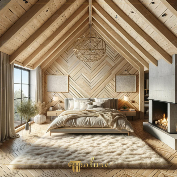 Warm Touch of Wood in Modern Rustic Interiors Bright Bedroom Design with Polyurethane Beams and Rafters Rustic decoration is a design approach that brings the warmth and comfort of nature to modern interiors. Polyurethane beams and rafters are among the innovative and stylish interpretations of this approach. The bedroom in the picture offers a spacious and contemporary design equipped with polyurethane beams that reflect the natural beauty of wood. The room's large windows and light color tones It creates a perfect balance with the warm tones of polyurethane beams while illuminating the space. In this bedroom design, natural elements and modern design elements are used in a balanced way to create a peaceful and serene atmosphere. A stylish chandelier and artworks hanging on the walls complete the modern rustic aesthetic of the room. Comfortable seating area by the fireplace and a luxurious carpet placed in the center of the room not only appeals to the eye but also increases the functionality of the room. Designed with polyurethane beams and rafters, this bedroom stands out as a comfortable and stylish shelter suitable for the needs of contemporary life. An elegant synthesis of rustic and modern elements, this space is designed for daily use. Ideal for those who want to get away from the hustle and bustle of life and feel the warmth of nature indoors.