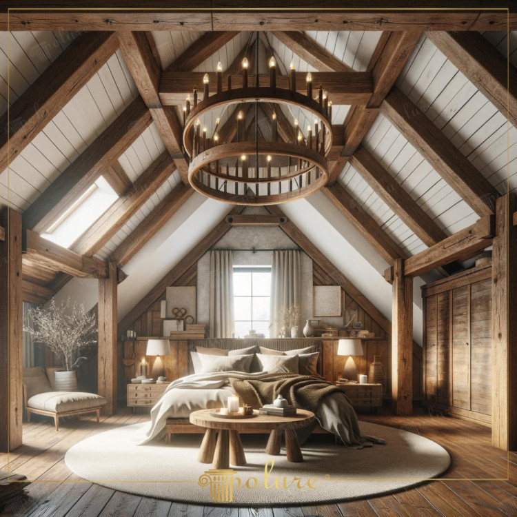 Magnificent Rustic Bedroom with Modern Design Polyurethane Beams in the Warmth of Wood Rustic decoration is the art of creating peaceful and inviting spaces by bringing the warmth and aesthetics of natural materials to modern living spaces. This bedroom, created using polyurethane beams and rafters, combines the naturalness and warmth of rustic design with the advantages of modern technology. The bedroom in the picture is illuminated with a striking chandelier and with rich wood tones. It adds a contemporary touch to the traditional rustic decoration concept by providing a warm atmosphere. The high ceiling of the room and light-colored polyurethane beams create a spacious and light feeling. They add depth to the space and reveal the architectural beauty of the ceiling. Every detail of the bedroom strengthens the theme of naturalness and comfort, while elegant furniture choices and decorative elements create a wide and light feeling. accessories reinforce the modern and sophisticated character of the room. This bedroom is designed as a perfect shelter for those who want to get away from the chaos of daily life and relax in the warmth of nature. Enriched with polyurethane beams, this space offers a timeless beauty where rustic and modern elements are in harmony.