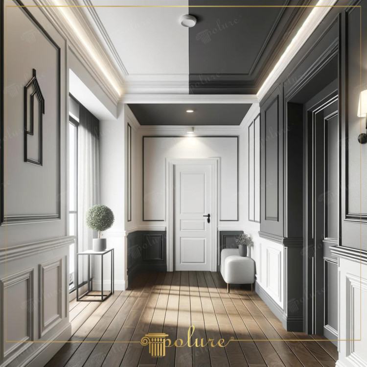 Atingeri moderne și estetice în decorarea coridorului Eleganța șipcilor din poliuretan Decorarea coridorului este coloana vertebrală a esteticii generale a casei și este posibil să adăugați eleganță acestei zone cu accente subtile de design modern Coridorul din imagine atrage atenția ca o minune de design care reunește atât elementele moderne, cât și cele clasice utilizarea șipcilor, bordurilor, plăcilor de gips-carton și modelelor de plinte este locul în care predomină culorile închise și texturile bogate. Plintele creează un contrast puternic între podea și pereți și întăresc aspectul modern al spațiului practicul și estetica poliuretanului Acest coridor este conceput ca o zonă de tranziție elegantă și funcțională, în conformitate cu așteptările vieții moderne. estetică și durabilitate împreună.