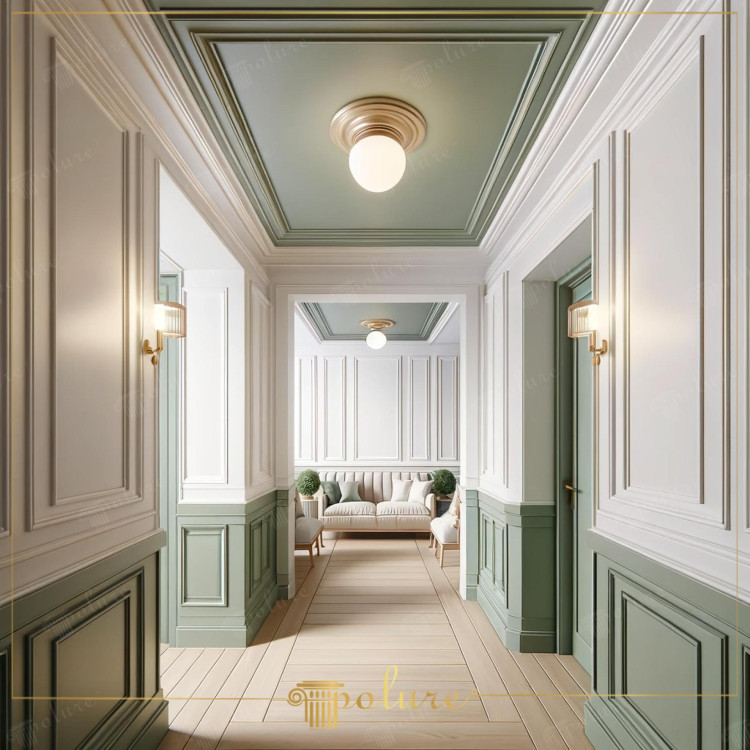 Aesthetic Revolution with Innovative Elegance Polyurethane Details in Corridor Decoration Corridor decoration reflects not only the transition area of a house, but also a stage where style and elegance are displayed. With the use of polyurethane lath border plasterboard and skirting models, modern corridors offer both aesthetically striking, long-lasting and practical solutions. How does the corridor in the picture reflect the elegance and modernity of these decorative elements? Rich green tones balanced with a light color palette make the space look wide and bright, while polyurethane details give the space a sophisticated atmosphere. The plasterboard between the ceiling and the wall creates a point of visual interest by emphasizing the height of the space. The slats and baseboards used on the walls make the corridor look modern and aesthetic. It completes its appearance and offers an eye-catching experience at every step. The use of polyurethane materials in corridor decoration not only offers aesthetic satisfaction, but also provides practical advantages such as durability and easy cleaning. A corridor like the one in this picture reveals how stylish and functional modern home decoration can be. inspires the homeowner