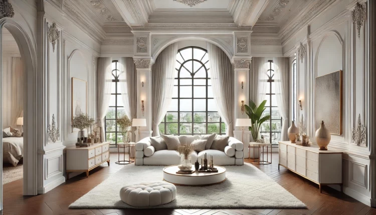 Modele de decor living cu coloane Iată un design de lux pentru living. Acest design are ferestre mari arcuite, muluri elegante și tavane înalte. Camera are o lumină naturală mare și spațioasă intră prin ferestre. Mobilierul include o canapea albă mare și confortabilă, o măsuță de cafea în centru și un covor de pluș. ca elemente decorative se folosesc lămpi elegante și opere de artă. Designul pune accent pe un stil clasic si elegant cu o nota moderna.