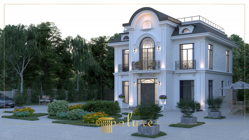 Fațadă de vilă neoclasică albă decorată cu ancadramente și pilatri din poliuretan iluminate noaptea