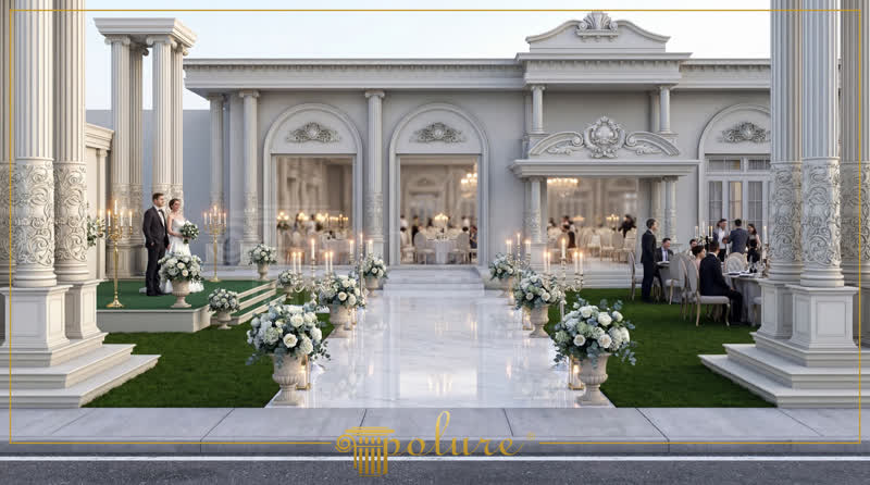 Fațadă exterioară clasică realizată cu coloane, ancadramente și arcade decorative din poliuretan alb.
