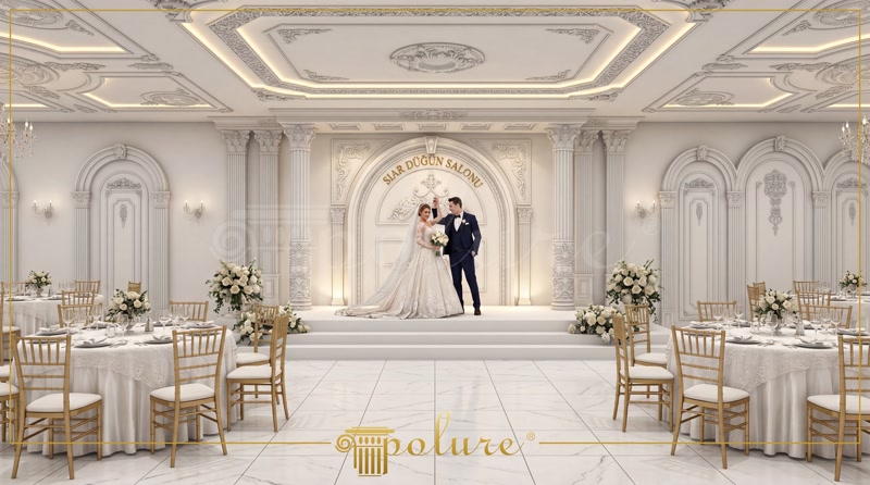 Amenajare interioară sală de nunți cu arcade curbate din poliuretan, coloane pilastru și ornamente decorative albe.