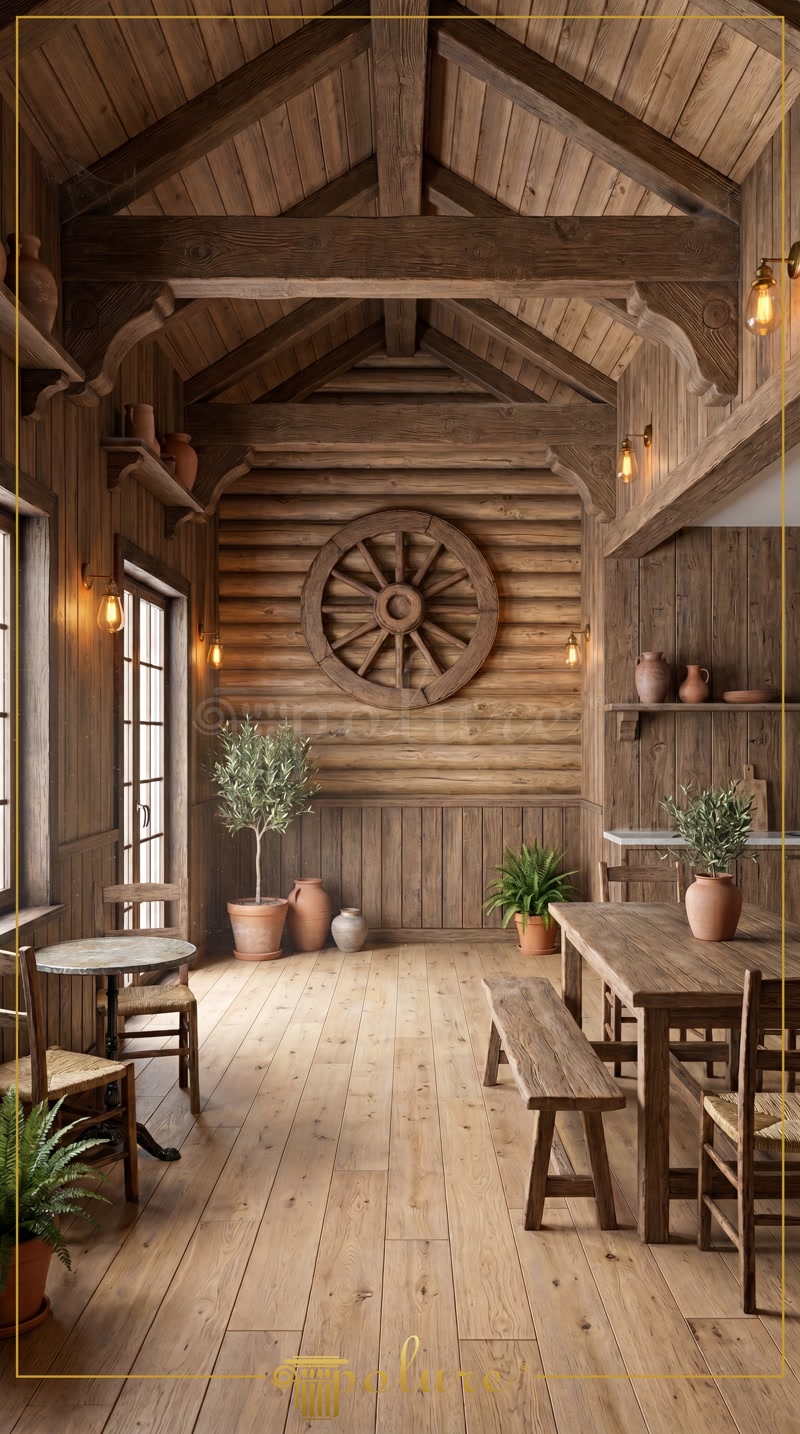 Grinzi din Poliuretan pentru Dormitor la Mansardă Dormitor rustic la mansardă amenajat cu grinzi decorative din poliuretan, șemineu din piatră și corpuri de iluminat calde.