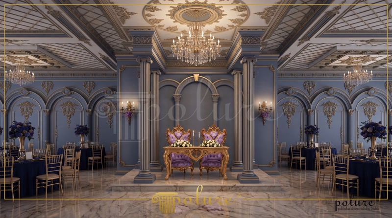 Poliuretan Elemente Decorative Pentru Săli Clasice Decorul din poliuretan pentru săli de evenimente reprezintă o soluție arhitecturală durabilă și estetică, utilizată pentru a crea structuri parietale complexe și reliefuri de inspirație clasică. În acest spațiu festiv, nuanțele profunde de albastru regal și detaliile aurite transformă zona principală de primire într-un cadru deosebit de primitor și grandios. Utilizarea elementelor decorative profilate aduce o structură clară pereților, oferind un fundal vizual echilibrat pentru momentele speciale petrecute alături de familie și invitați. Materialul din poliuretan de înaltă densitate, având o valoare de 150-220 kg/m³ (țintă ~160 kg/m³), garantează o rezistență excelentă la impact și o stabilitate dimensională pe termen lung.
Zona centrală unde este amplasată masa festivă este încadrată de coloane poliuretanice impresionante, obținute prin combinarea pieselor din seria P5220C, P5220C50, P5230I, P5230I50, precum și a profilurilor P5520 și P5820. Aceste coloane verticale nu doar că delimitează punctul focal al încăperii, dar oferă și un sentiment de proporție și armonie vizuală. Datorită proprietăților tehnice, cum ar fi o rată de absorbție a apei de sub 1% și o rezistență la temperaturi cuprinse între -100 °C / +80 °C, profilele își păstrează finisajul impecabil chiar și în condiții de umiditate variabilă sau iluminat ambiental intens.
Pe peretele din fundal sunt integrate arcade formate din ancadramente P1456 și P1470, completate de elementele curbate speciale P1456D135VI, P1456D160VIA și P1456D160VID. Aceste structuri rotunjite sparg monotonia suprafețelor plane și creează nișe decorative sofisticate. Pentru a spori dinamismul vizual, pe ancadramente au fost aplicate ornamente simetrice din gama P2812L și P2812R, vopsite în tonuri aurii, care creează un contrast cromatic deosebit cu fundalul albastru mat. Fiecare detaliu ornamental este pregătit prin șlefuire fină cu granulație de 240 și acoperit cu vopsea acrilică rezistentă.
Plafonul casetat și candelabrele de cristal completează compoziția arhitecturală, aducând o lumină caldă și o atmosferă festivă de neuitat. Ansamblul decorativ creat cu ajutorul elementelor din poliuretan de la Decoratiuni Casa demonstrează cum un spațiu de festivități poate fi transformat într-un mediu călduros și primitor, unde fiecare aniversare sau festivitate devine o amintire memorabilă. Flexibilitatea și ușurința de montaj a acestor profile le fac alegerea ideală atât pentru săli mari de recepție, cât și pentru amenajări rezidențiale de anvergură.