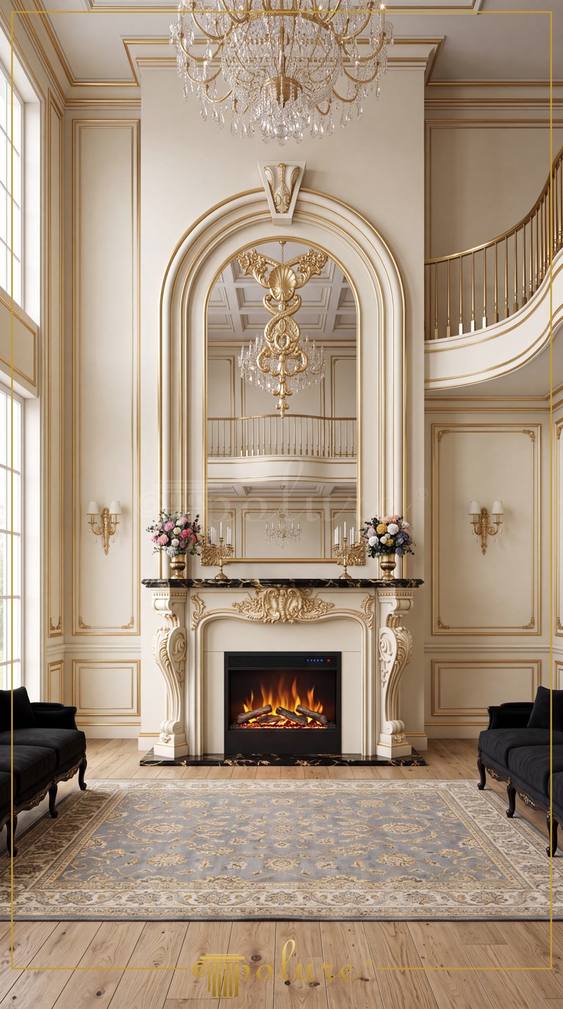Living clasic cu șemineu decorativ din poliuretan P8403, oglindă cu arcadă P1470D101VIC și chenare pe perete.