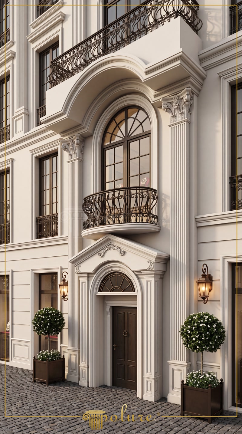 Intrarea unei case elegante cu ancadramente, pilatri din poliuretan și balcon semicircular cu arcadă.