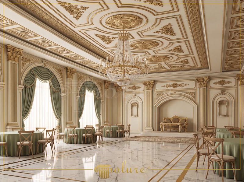 Decor clasic de interior pentru sală de evenimente cu coloane din poliuretan, tavan casetat și ancadramente aurite.