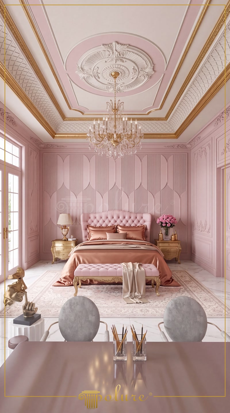 Amenajare dormitor clasic roz cu panouri decorative din poliuretan pe perete și rozetă eleganta pe tavan.