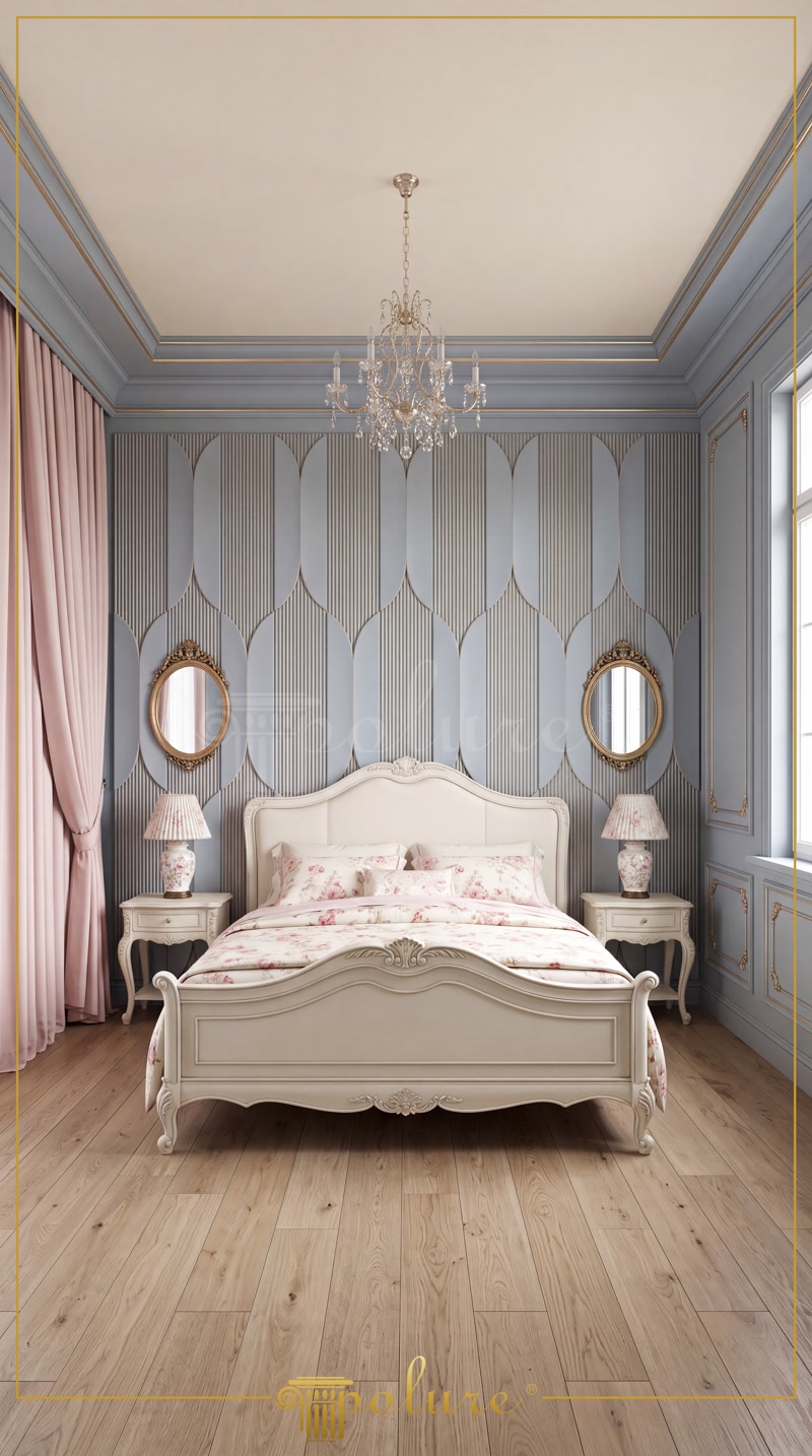 Dormitor clasic elegant cu perete accent decorat cu panouri din poliuretan P312020 și ancadramente aurite.