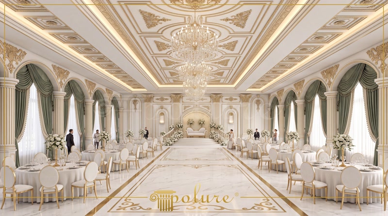 Decor interior clasic pentru salon cu coloane din poliuretan, profile decorative pe tavan și candelabre elegante.