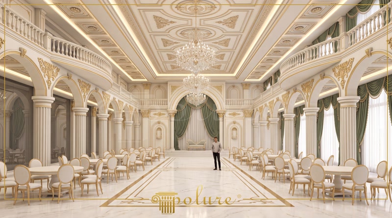 Salon clasic decorat cu coloane din poliuretan, arcade elegante, candelabre și ornamente aurii pe tavane înalte.
