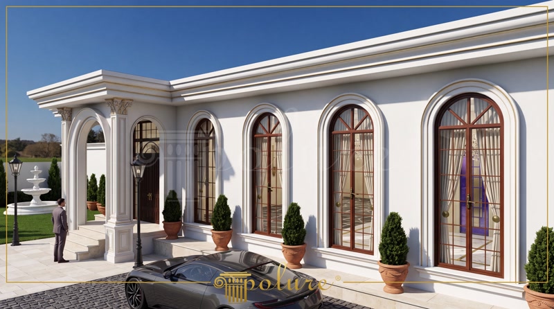 Fațadă albă clasică decorată cu ancadramente rotunjite din poliuretan, stâlpi decorativi și ghivece teracotă.
