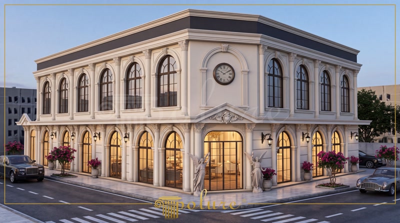 Clădire clasică cu fațadă din poliuretan, coloane decorative, ferestre arcuite și ceas ornamental pe colț.