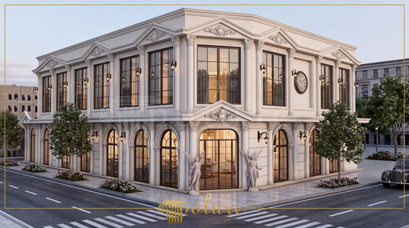 Fațadă clasică din poliuretan cu coloane P5230C, ancadramente decorative la ferestre și arcade luminoase de exterior.