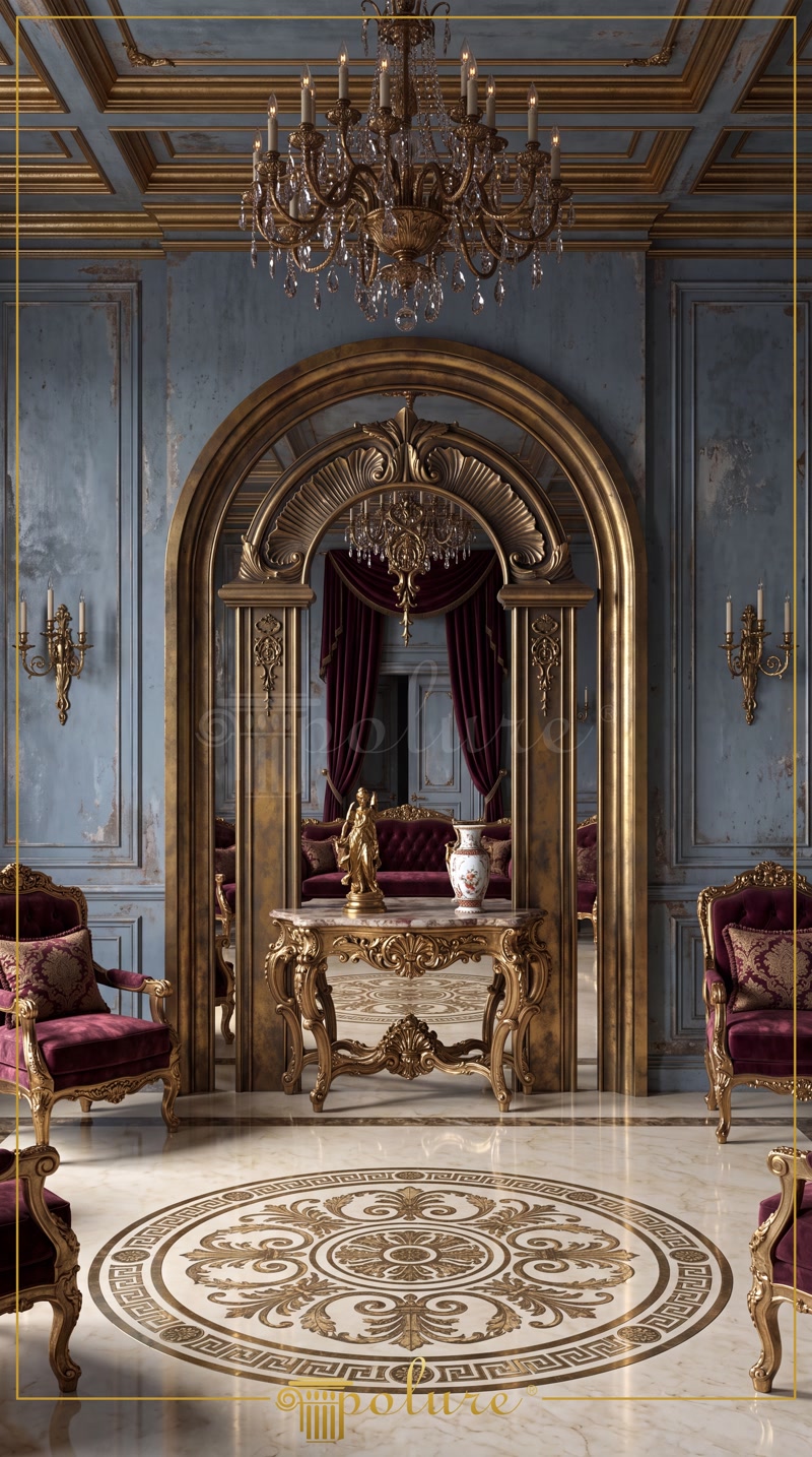 Arcadă decorativă din poliuretan aurie, panouri de perete albastre și mobilier din catifea vișinie într-un living clasic.