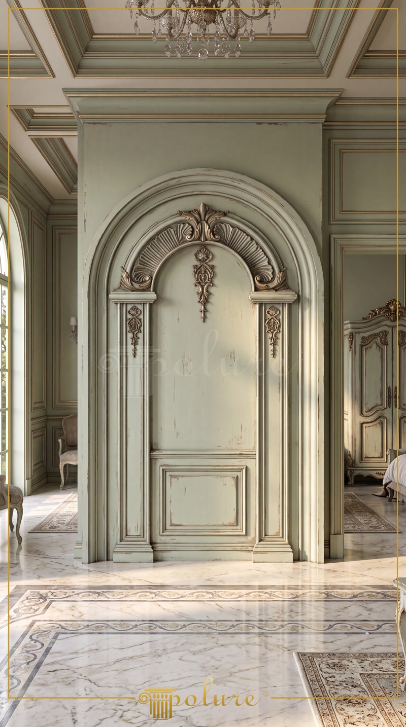 Arcadă decorativă din poliuretan cu profil P14D30, ornamente aurii și finisaj verde patinat într-un salon clasic.