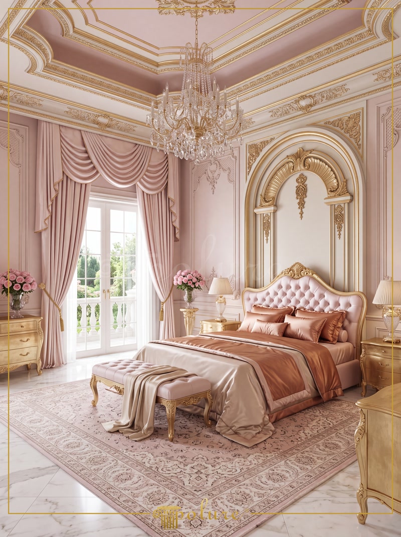 Dormitor clasic amenajat cu arcada decorativa din poliuretan P14D30D160VI si rozeta de tavan P7145L in tonuri roz si auriu.