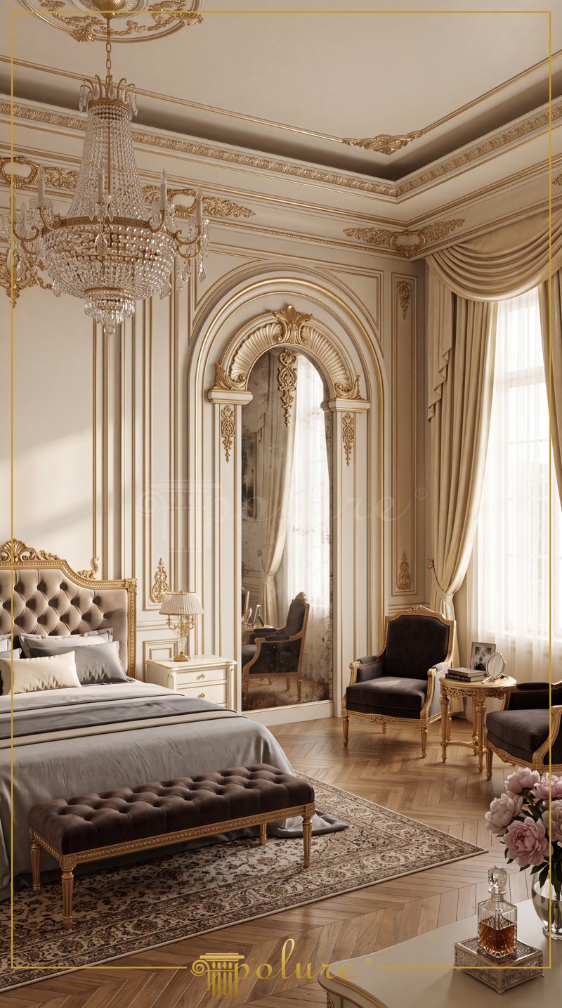Dormitor clasic cu nișă arcuită din poliuretan, baghete perete decorative și candelabru de cristal.